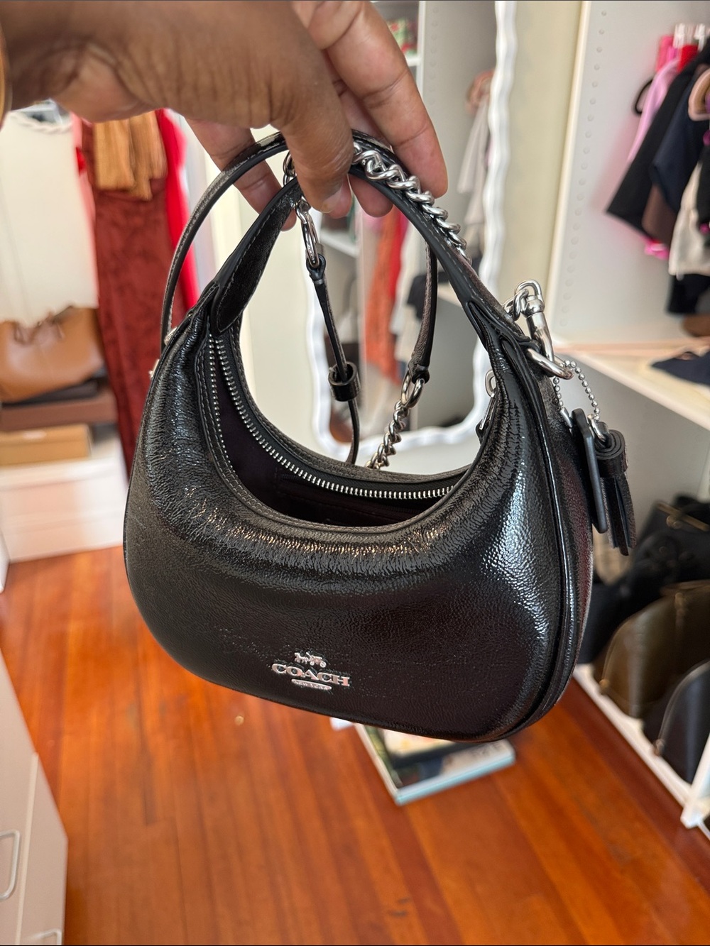 Coach Black Mini Leather Shoulder Bag with Silver Chain